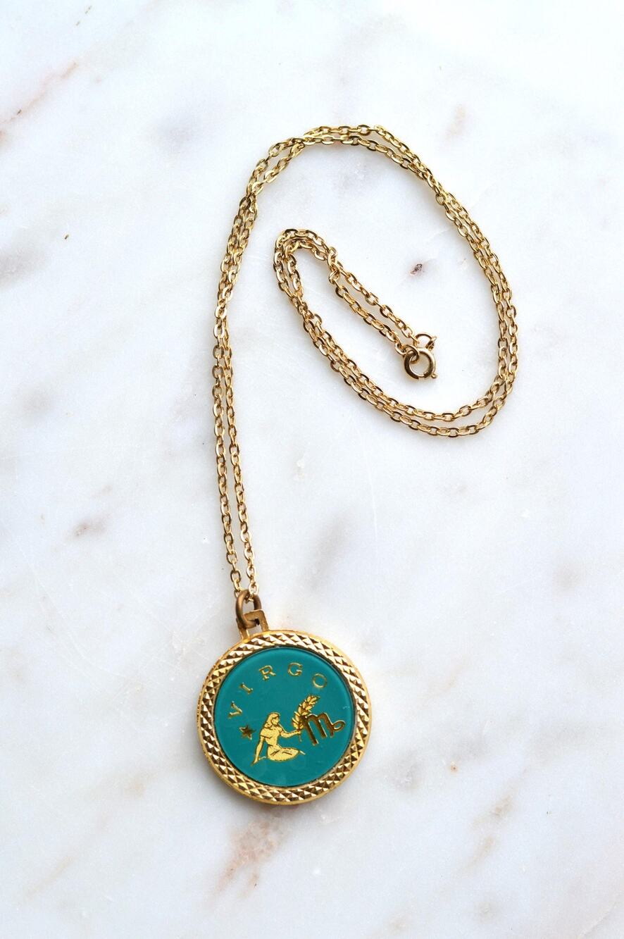 Vintage 1970s Virgo Zodiac Necklace, Reversible 1.5in Teal Blue Intaglio Glass